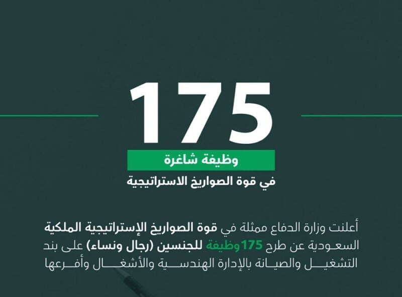 إعلان هام من وزارة الدفاع السعودية عن 175 وظيفة شاغرة في 'قوة... مساحة نت | إعلان هام من وزارة الدفاع السعودية عن 175 وظيفة شاغرة في "قوة الصواريخ الاستراتيجية الملكية" للجنسين.. طريقة ورابط التقديم