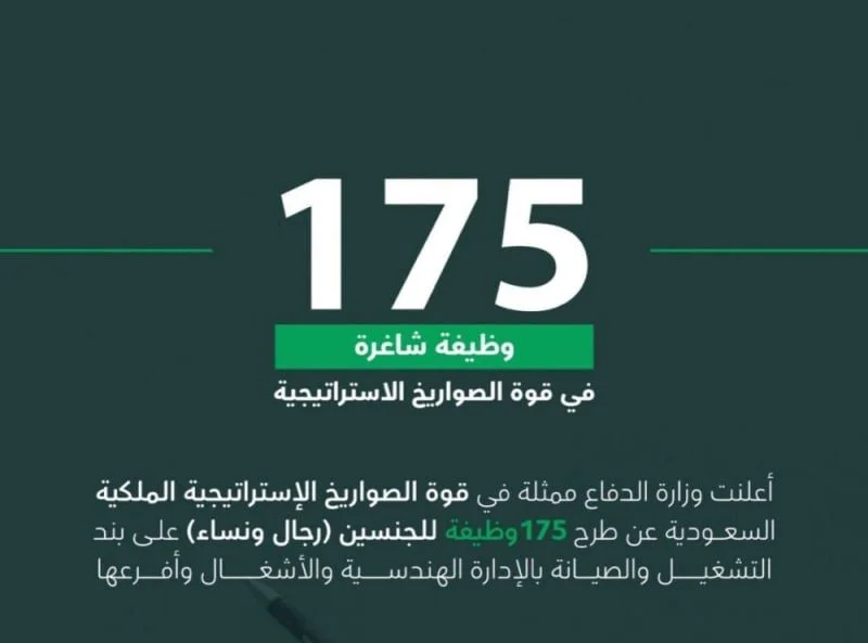 مساحة نت | إعلان هام من وزارة الدفاع السعودية عن 175 وظيفة شاغرة في "قوة الصواريخ الاستراتيجية الملكية" للجنسين.. طريقة ورابط التقديم
