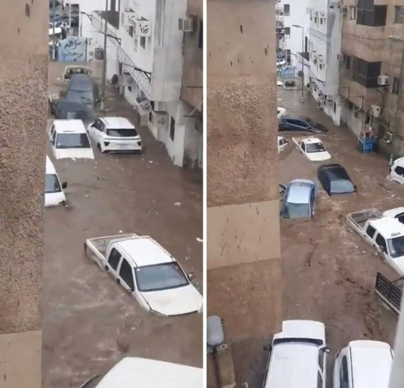 مساحة نت | شاهد: مقطع جديد يوثق لحظات تحبس الأنفاس لتكدس السيارات فوق بعضها بمكة في السعودية جراء الأمطار الغزيرة (فيديو)