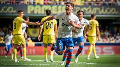 لقطة من مباراة برشلونة وفيا ريال (وكالات)